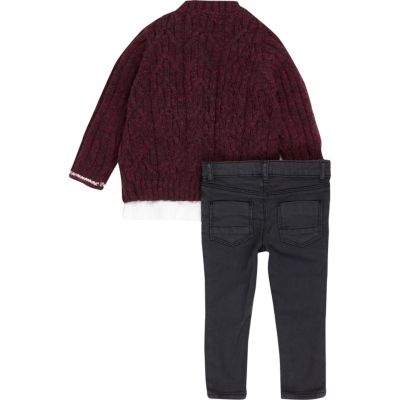 Mini boys red knit bomber, T-shirt and jeans